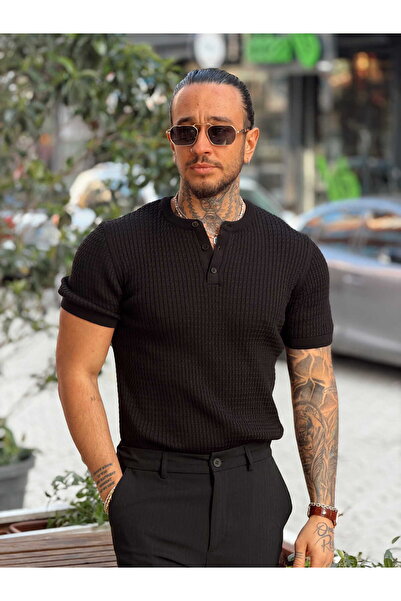 manch collection 3-Button Knitted Detailed Knitwear T-Shirt Black