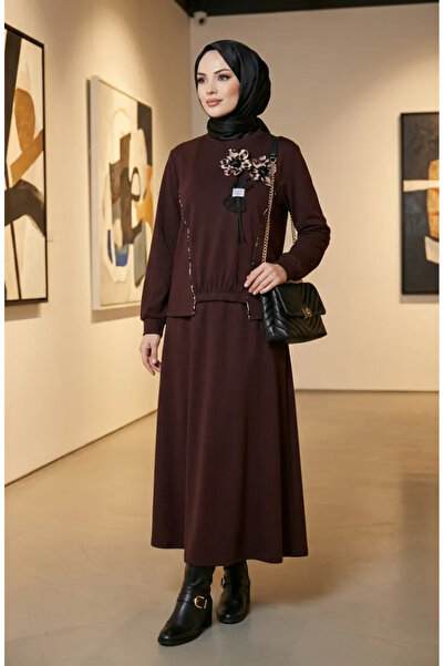 sefamerve Floral Detailed Elastic Waist Double Suit 0245-03 Brown