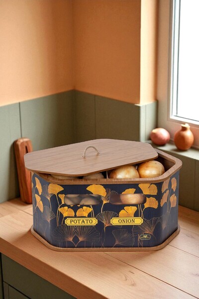 FeyzaDesign Altıgen Çiçek Desenli Ahşap Bölmeli Patates ve Soğanlık Organizer