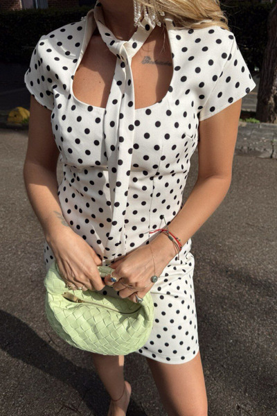 MOZENA Polka Dot Patterned White Mini Designer Dress