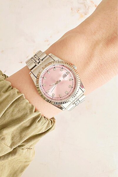 OQQO Oria Calendar Detailed Pink Dial Gray Strap Women's Wristwatch