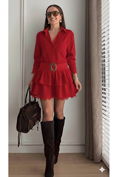 GLAMSI Dress with a belted waist and elegant Lace inserts