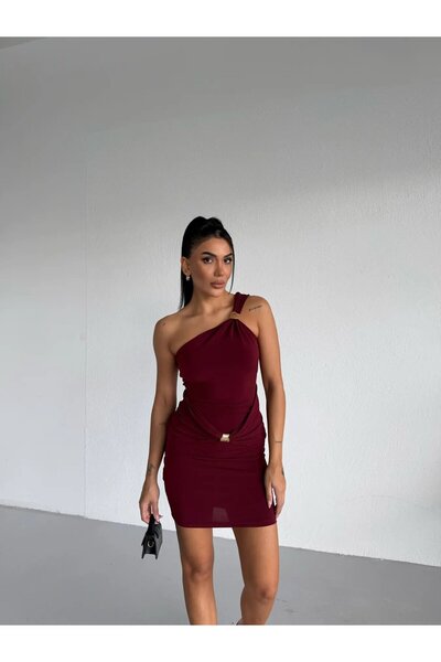 hazelin Women's Burgundy One-Shoulder Sandy Mini Dress with Gold Accessories ...