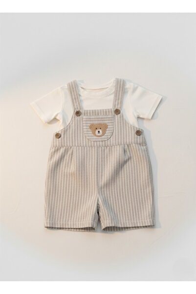 ENSONO Ayıcık Baskılı Salopet Yazlık Tişörtlü Tulum