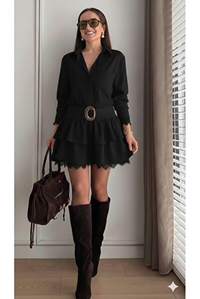 GLAMSI Dress with a belted waist and elegant Lace inserts