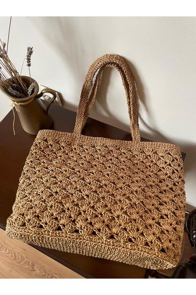 ELİŞİ MODA Light Brown, Hand Knitted Paper String Bag, Gift Diary Shoulder Ba...
