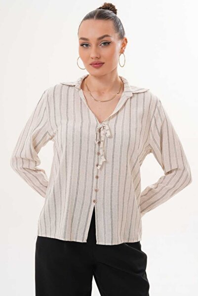 soi fashion Linen Shirt with Front Buttons and Lace-Up Detail