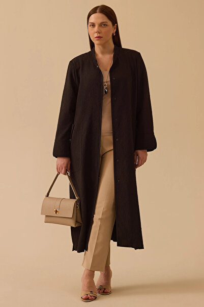 Gala-Xi Galaxi Women's Large Size Patterned Overcoat with Pockets 4001 Black