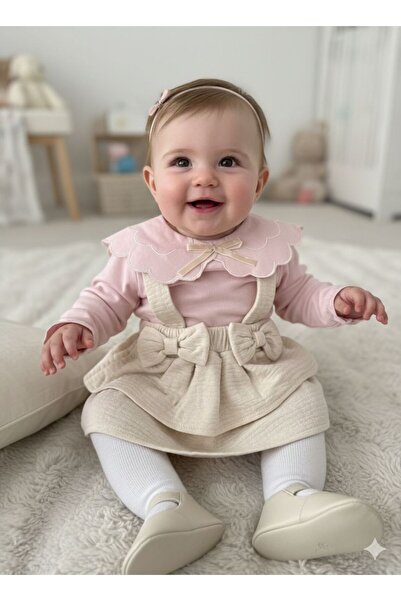 ElunaKids Baby Girl Pink Collared Bodysuit and Bowknot Strap Salopet Skirt 2-...