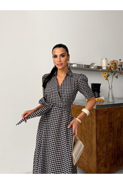 LAMİFUSTORE Plaid Shirt Collar Belt Detail Dress