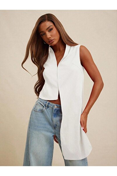 Afri Women's White One-Sided Long Design Vest - Asymmetrical Cut Stylish Blouse