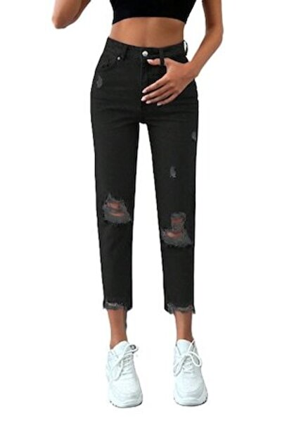 StreetWear Outlet Women's Mom Fit Jeans, Unfinished Hem and Rips, Black, 42 EU