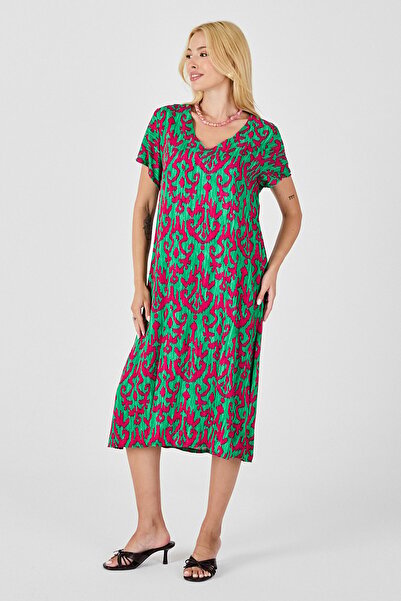 Trend Alaçatı Stili Women's Green-Fuchsia Patterned V-Neck Midi Length Dress ...