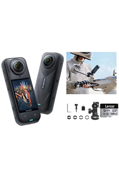 Insta360 X5 Aksiyon Kamera + Motosiklet Ayna Montaj Seti (128GB MicroSD Kartlı)