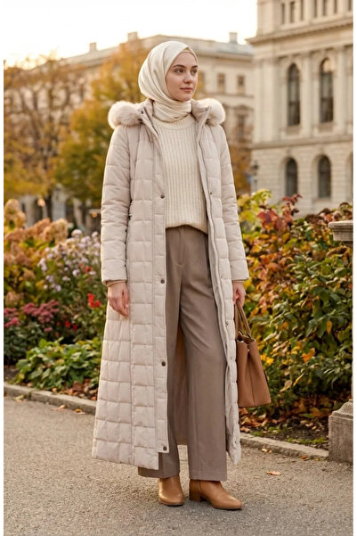 sefamerve Large Size Hooded Nova Coat 6320-04 Stone