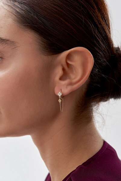 ADOR Altın Taşlı Zincirli Yonca Küpe