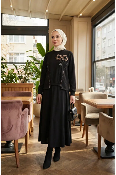 sefamerve Floral Detailed Elastic Waist Double Suit 0245-02 Black