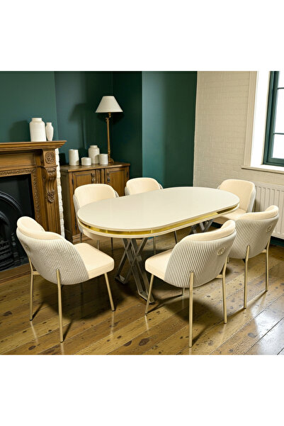MSY HOME 6 Kişilik Aura Gold Serisi Beyaz Lake Oval Yemek Masası ve Puffy Kre...