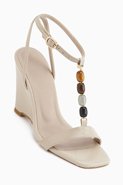 Limoya Rosana Beige Beaded Ankle Strap Heeled Women's Sandals