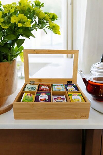 FeyzaDesign Bambu Çay Kutusu 8 Bölmeli Kapaklı, Bitki Çayı Saklama Kabı, Kahv...