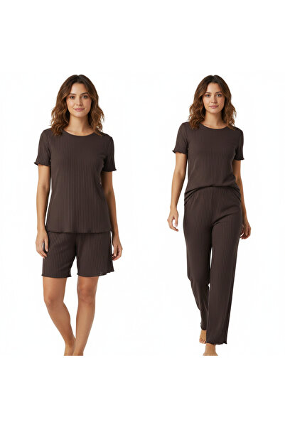 BONBON Women's Coffee Color Short Sleeve Pajamas and Shorts 3-Piece Cotton Se...