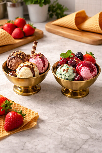 MEGY HOME 2'li 12cm Gold Ayaklı Dondurma ve Sunum Kasesi Seti Lokumluk Çerezlik