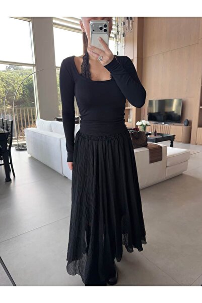 BB Bensu Buyruk FUSTĂ MAXI CU TĂIERE ASIMETRICĂ ȘI CĂPTUȘEALĂ INTERIOARĂ NEAGRĂ