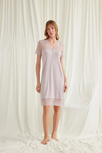 Beruflic Nightgown with Lace on the Collar, Sleeves, Shoulders and Hem, Butto...