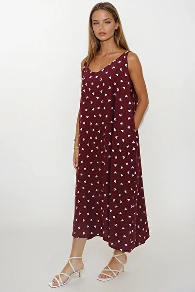 Trend Alaçatı Stili Women's Plum Double Pocket Relaxed Cut Patterned Dress Vs...