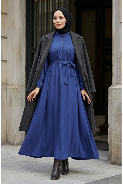 sefamerve Belmando Fabric Half Button Belted Dress 2166-09 Indigo