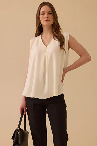 SEÇİL Women's V-Neck Sleeveless Blouse 0008 Ecru