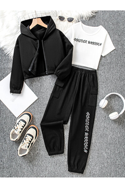Take Two By Styli Girls Slogan Print T-Shirt and Joggers with Hoodie Set
