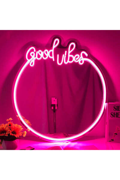 Slasa مرآة نيون LED من Good Vibes، مقاس 59×65 سم، لون وردي، سمك 8 مم، مرآة ديكور