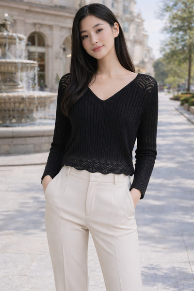 TRQOM Women's Knitwear Black Blouse Long Sleeve V-Neck Lace Openwork Knitted ...