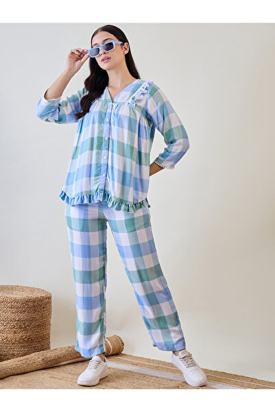 The Kaftan Company By Styli Checked Printed Ruffled Shirt and Pyjama Set