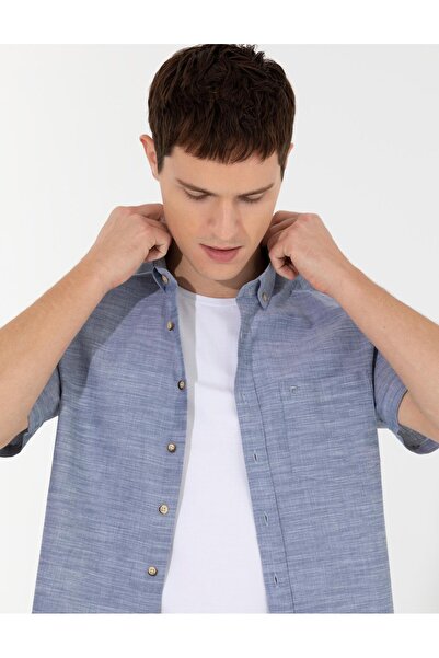 Pierre Cardin Navy Blue Linen Look Regular Fit Short Sleeve Shirt