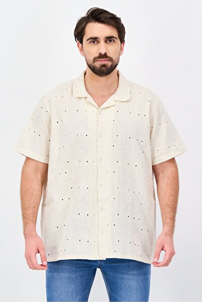 Threadbare Men Regular Fit Short Sleeve Eyelet Casual Shirt, Beige