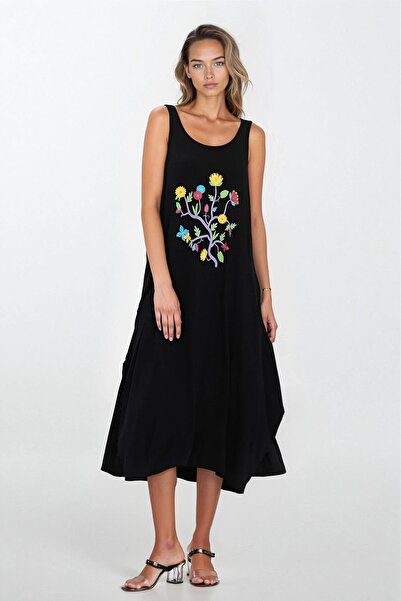 Trend Alaçatı Stili Women's Black Double Pocket Floral Embroidery Strap Plus ...