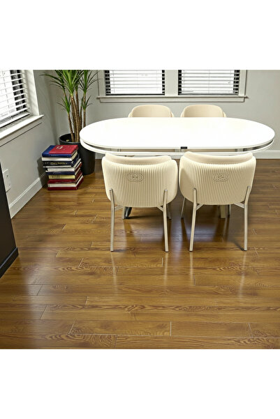 MSY HOME 4 Kişilik Aura Krom Serisi Beyaz Lake Oval Yemek Masası ve Puffy Kre...