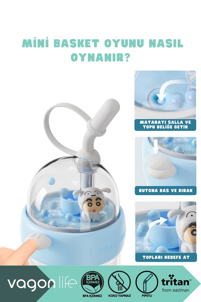 Vagonlife 620ml Crayon Shinchan Figured Mini Basketball Game Cap with Straw and Hand Strap Tritan Water Bottle