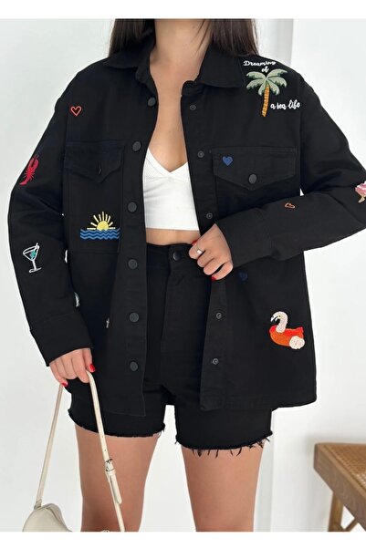 Sep Butik Embroidered Design Black Denim Jacket