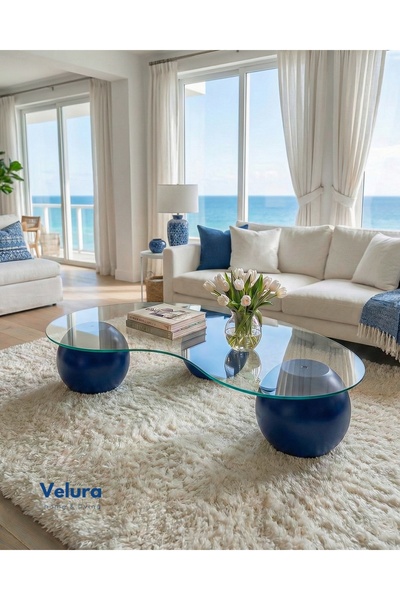 Velura Home & Living Küre Orta Sehpa - Mavi - Fasulye - Şeffaf Cam