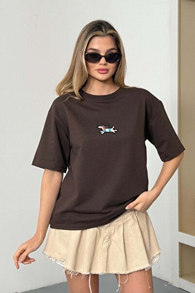 GİYSA Women's Crew Neck Dog Embroidered 2-Strand T-Shirt Brown - 26Y 26603
