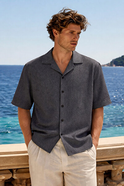 DAMGA JEANS Men's Premium Comfort Polo Collar Black Linen Shirt