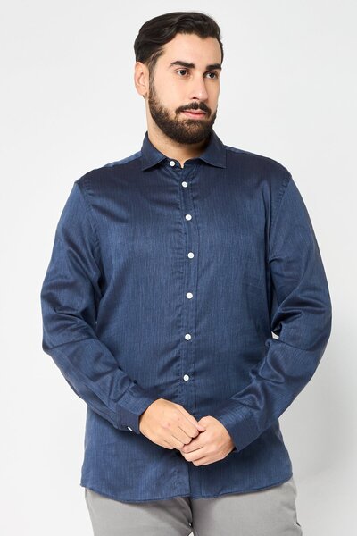 Thomas Pink Men Slim Fit Plain Long Sleeves Casual Shirt, Navy