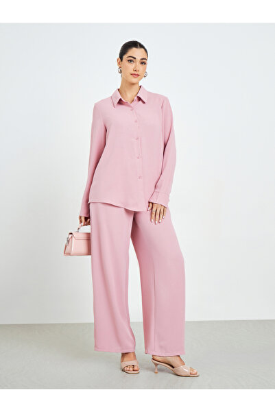 Styli Pink Oversized Shirt and Wide Leg Pants Modest Set
