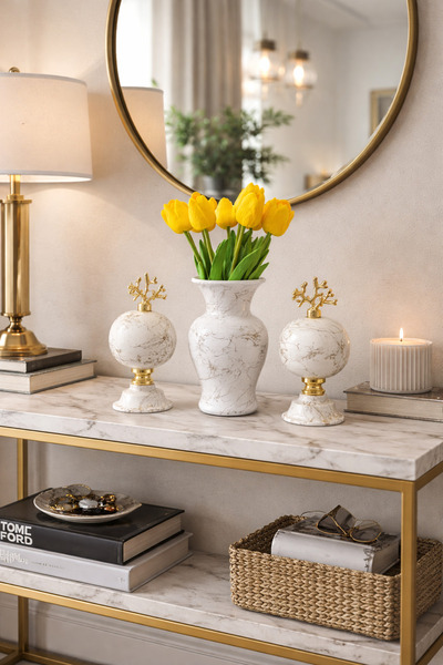 daiza home Salon Seti Dekoratif 2 li Küre Beyaz Mermer Feri Vazo Beyaz Mermer...