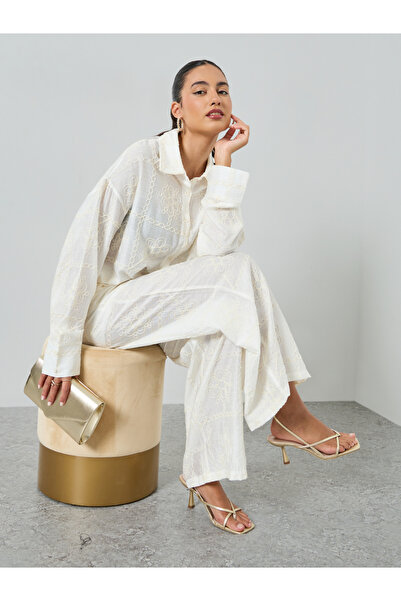 Take Two By Styli Women's All Embroidery Button Up Long Sleeve Shirt Wiht Pan...