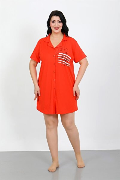 Celira Plus Size Combed Cotton Buttoned Pomegranate Flower Tunic Nightgown