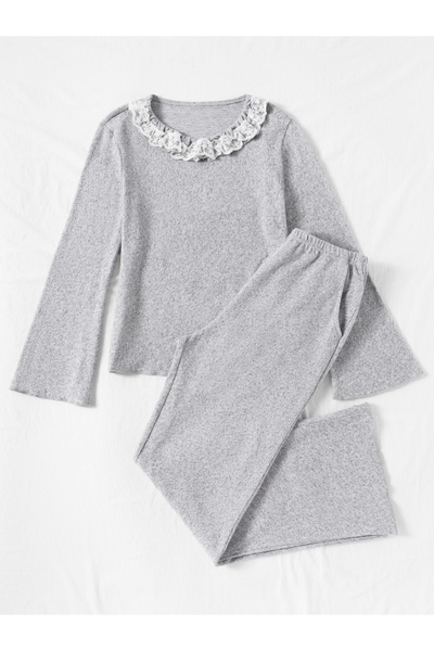 Take Two By Styli Grey Lace Trim Long Sleeve Top and Pyjama Set
